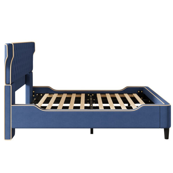 English Elm King Wingback Platform Bed with Button Tufted Upholstered Headboard and Piped Tailoring Blue N761S0000036C