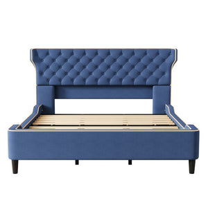 English Elm King Wingback Platform Bed with Button Tufted Upholstered Headboard and Piped Tailoring Blue N761S0000036C