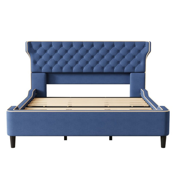 English Elm King Wingback Platform Bed with Button Tufted Upholstered Headboard and Piped Tailoring Blue N761S0000036C