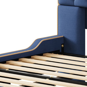 English Elm King Wingback Platform Bed with Button Tufted Upholstered Headboard and Piped Tailoring Blue N761S0000036C