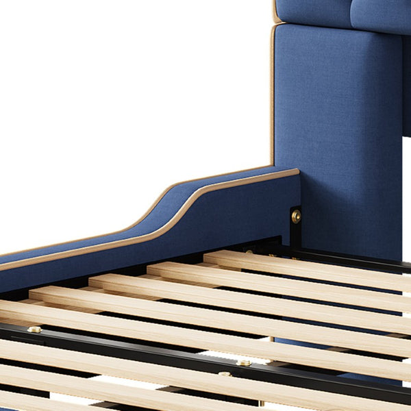 English Elm King Wingback Platform Bed with Button Tufted Upholstered Headboard and Piped Tailoring Blue N761S0000036C