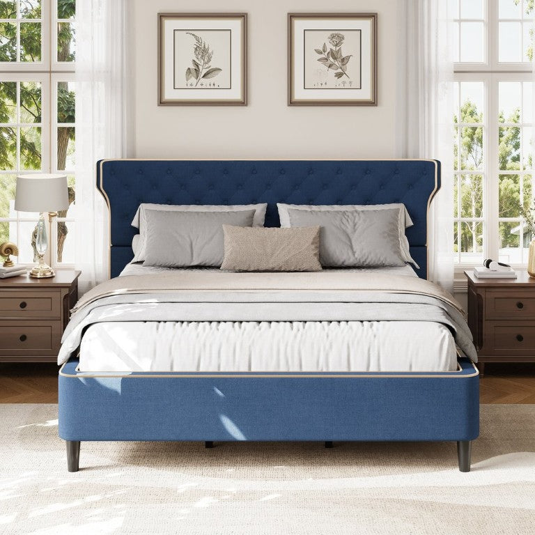 English Elm King Wingback Platform Bed with Button Tufted Upholstered Headboard and Piped Tailoring Blue N761S0000036C