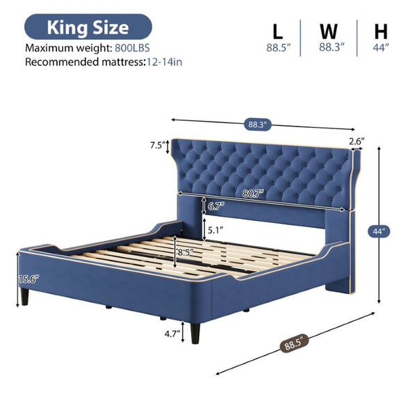 English Elm King Wingback Platform Bed with Button Tufted Upholstered Headboard and Piped Tailoring Blue N761S0000036C
