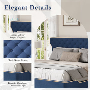 English Elm King Wingback Platform Bed with Button Tufted Upholstered Headboard and Piped Tailoring Blue N761S0000036C