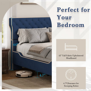 English Elm King Wingback Platform Bed with Button Tufted Upholstered Headboard and Piped Tailoring Blue N761S0000036C