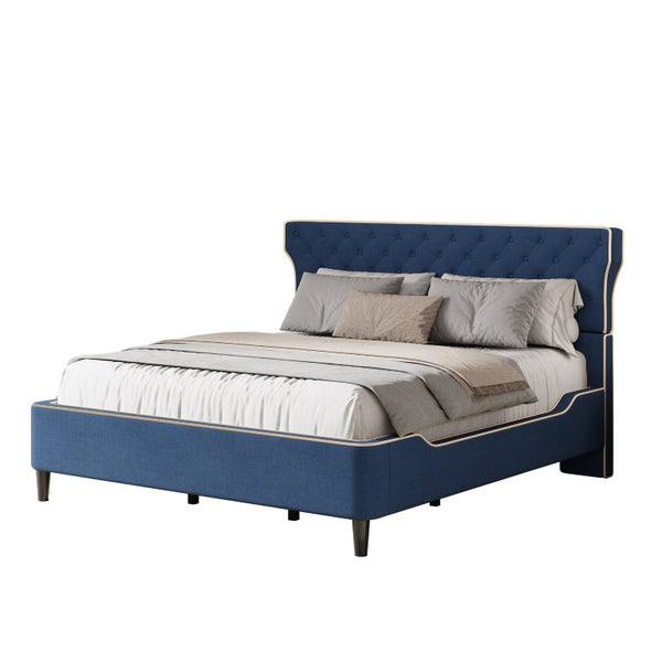 English Elm King Wingback Platform Bed with Button Tufted Upholstered Headboard and Piped Tailoring Blue N761S0000036C