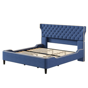 English Elm King Wingback Platform Bed with Button Tufted Upholstered Headboard and Piped Tailoring Blue N761S0000036C