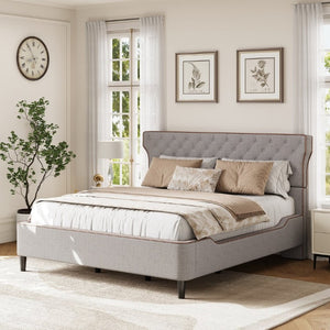 English Elm King Wingback Platform Bed with Button Tufted Upholstered Headboard and Piped Tailoring Grey N761S0000036E