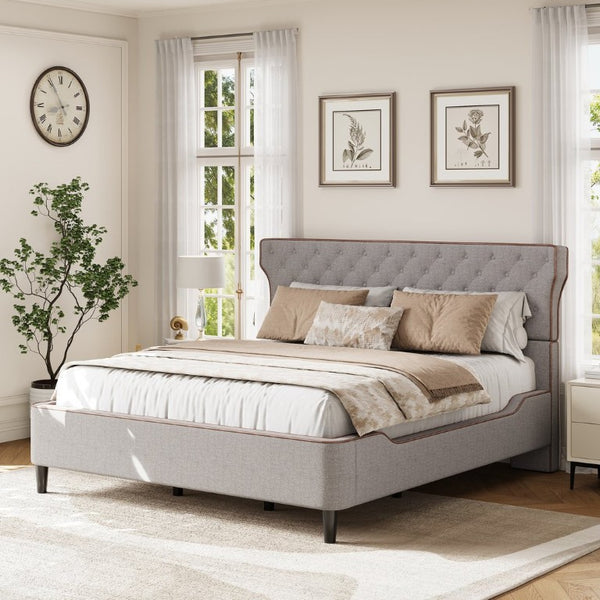 English Elm King Wingback Platform Bed with Button Tufted Upholstered Headboard and Piped Tailoring Grey N761S0000036E