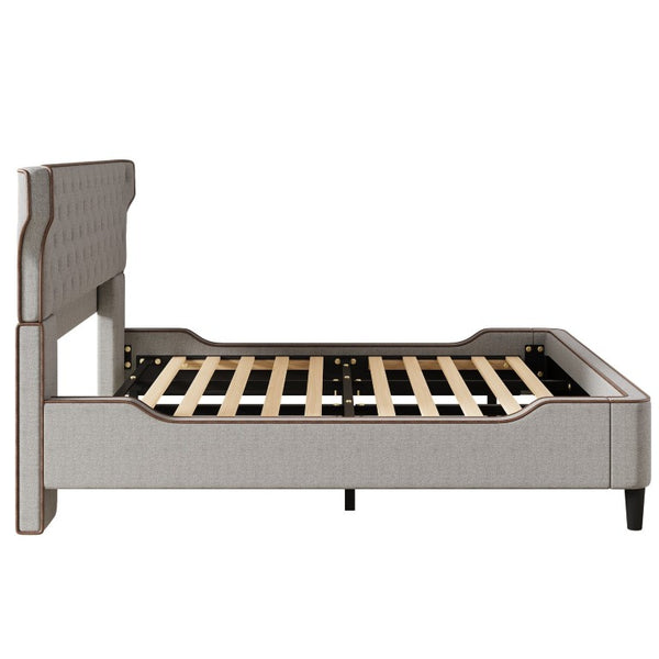 English Elm King Wingback Platform Bed with Button Tufted Upholstered Headboard and Piped Tailoring Grey N761S0000036E