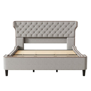 English Elm King Wingback Platform Bed with Button Tufted Upholstered Headboard and Piped Tailoring Grey N761S0000036E
