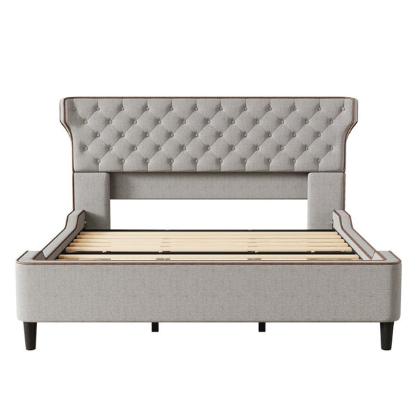 English Elm King Wingback Platform Bed with Button Tufted Upholstered Headboard and Piped Tailoring Grey N761S0000036E