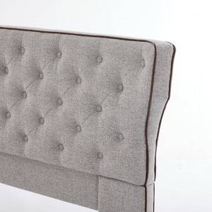 English Elm King Wingback Platform Bed with Button Tufted Upholstered Headboard and Piped Tailoring Grey N761S0000036E