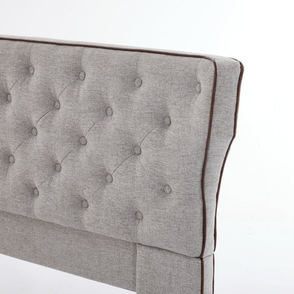 English Elm King Wingback Platform Bed with Button Tufted Upholstered Headboard and Piped Tailoring Grey N761S0000036E