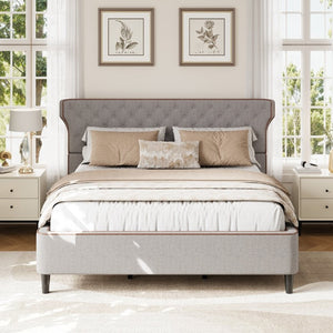 English Elm King Wingback Platform Bed with Button Tufted Upholstered Headboard and Piped Tailoring Grey N761S0000036E