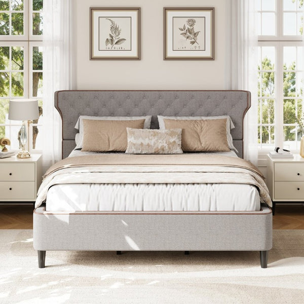 English Elm King Wingback Platform Bed with Button Tufted Upholstered Headboard and Piped Tailoring Grey N761S0000036E