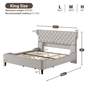 English Elm King Wingback Platform Bed with Button Tufted Upholstered Headboard and Piped Tailoring Grey N761S0000036E