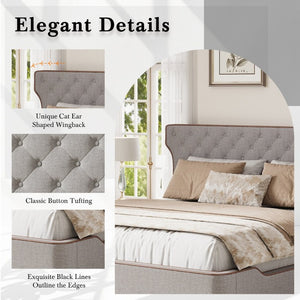 English Elm King Wingback Platform Bed with Button Tufted Upholstered Headboard and Piped Tailoring Grey N761S0000036E
