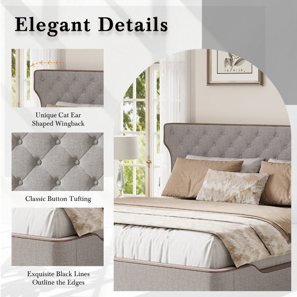 English Elm King Wingback Platform Bed with Button Tufted Upholstered Headboard and Piped Tailoring Grey N761S0000036E