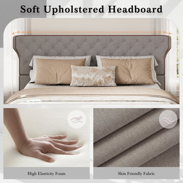 English Elm King Wingback Platform Bed with Button Tufted Upholstered Headboard and Piped Tailoring Grey N761S0000036E