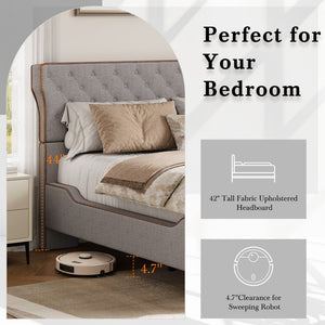 English Elm King Wingback Platform Bed with Button Tufted Upholstered Headboard and Piped Tailoring Grey N761S0000036E