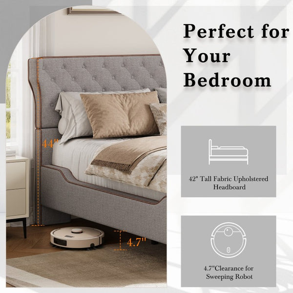 English Elm King Wingback Platform Bed with Button Tufted Upholstered Headboard and Piped Tailoring Grey N761S0000036E