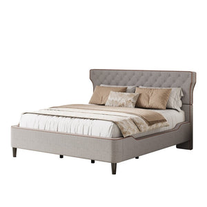 English Elm King Wingback Platform Bed with Button Tufted Upholstered Headboard and Piped Tailoring Grey N761S0000036E