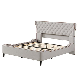 English Elm King Wingback Platform Bed with Button Tufted Upholstered Headboard and Piped Tailoring Grey N761S0000036E