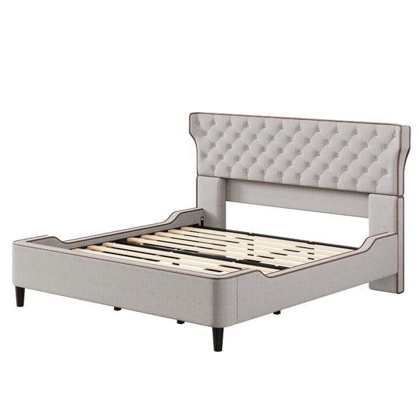 English Elm King Wingback Platform Bed with Button Tufted Upholstered Headboard and Piped Tailoring Grey N761S0000036E