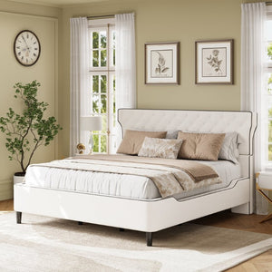 English Elm King Wingback Platform Bed with Button Tufted Upholstered Headboard and Piped Tailoring Beige N761S0000036W