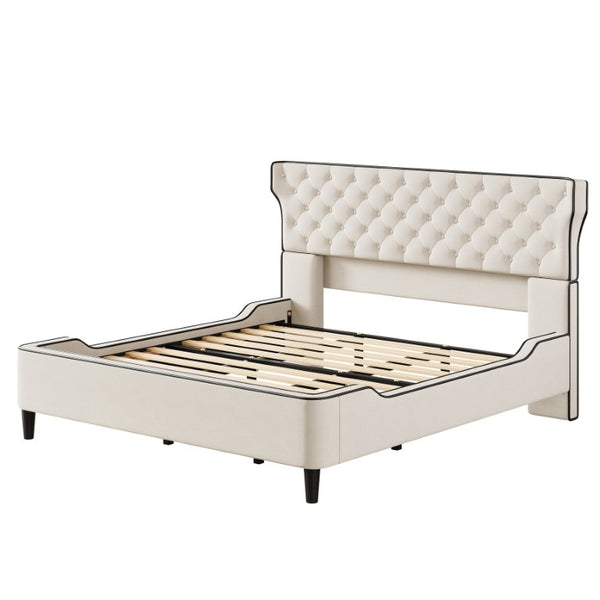 English Elm King Wingback Platform Bed with Button Tufted Upholstered Headboard and Piped Tailoring Beige N761S0000036W
