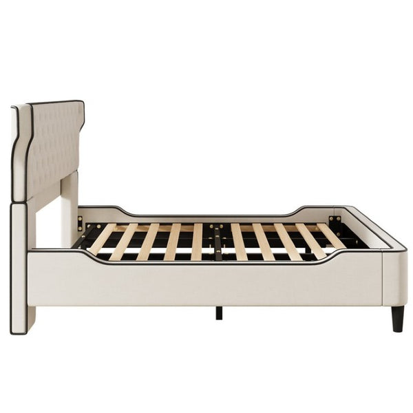 English Elm King Wingback Platform Bed with Button Tufted Upholstered Headboard and Piped Tailoring Beige N761S0000036W
