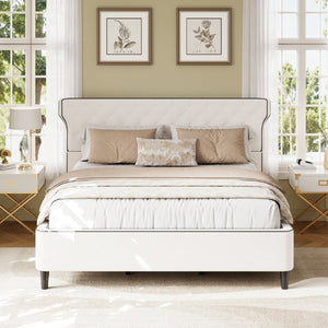 English Elm King Wingback Platform Bed with Button Tufted Upholstered Headboard and Piped Tailoring Beige N761S0000036W