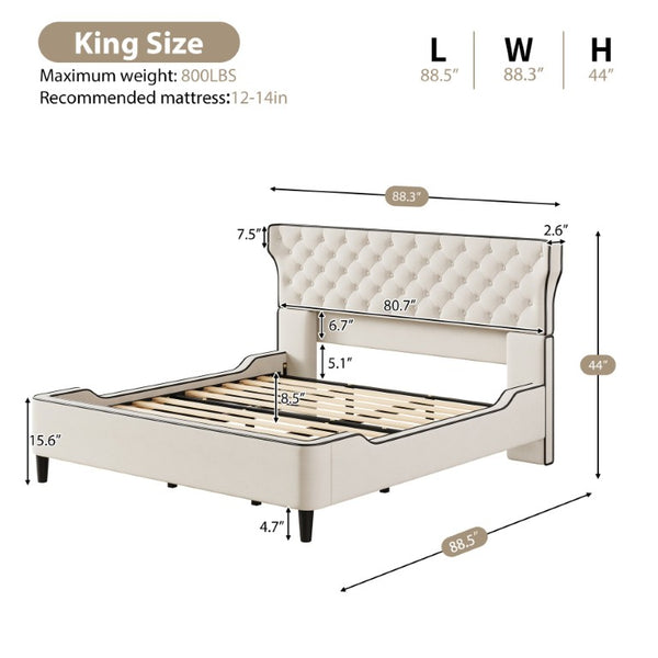 English Elm King Wingback Platform Bed with Button Tufted Upholstered Headboard and Piped Tailoring Beige N761S0000036W
