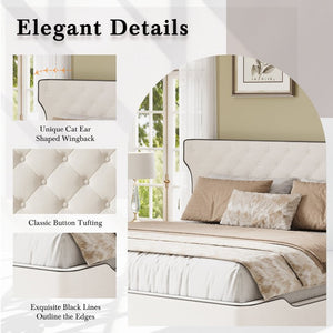 English Elm King Wingback Platform Bed with Button Tufted Upholstered Headboard and Piped Tailoring Beige N761S0000036W