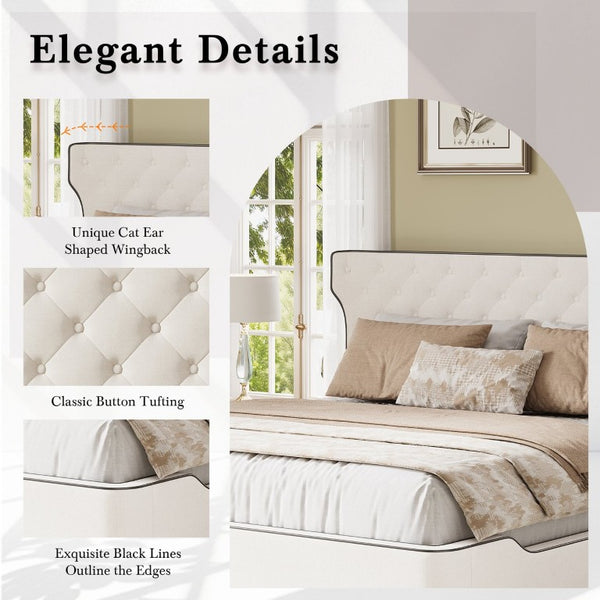 English Elm King Wingback Platform Bed with Button Tufted Upholstered Headboard and Piped Tailoring Beige N761S0000036W
