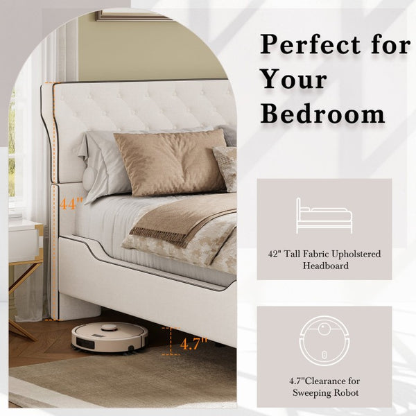 English Elm King Wingback Platform Bed with Button Tufted Upholstered Headboard and Piped Tailoring Beige N761S0000036W