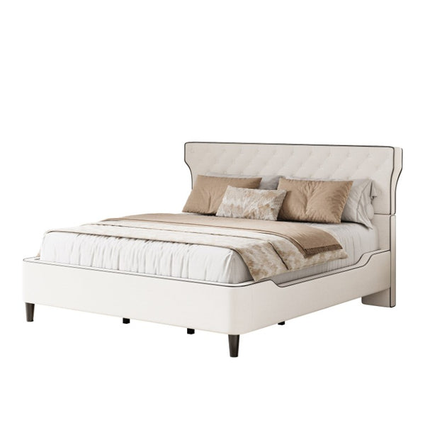 English Elm King Wingback Platform Bed with Button Tufted Upholstered Headboard and Piped Tailoring Beige N761S0000036W
