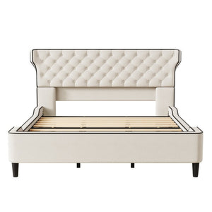 English Elm King Wingback Platform Bed with Button Tufted Upholstered Headboard and Piped Tailoring Beige N761S0000036W