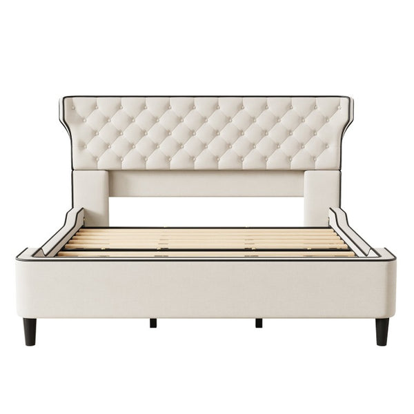 English Elm King Wingback Platform Bed with Button Tufted Upholstered Headboard and Piped Tailoring Beige N761S0000036W