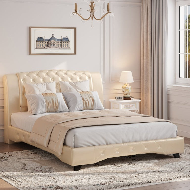 English Elm Queen PU Leather Platform Bed Tall Curved Tufted Headboard Wooden Slat Support Frame Gold N761S0000037U