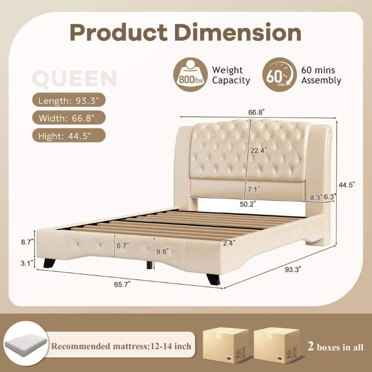 English Elm Queen PU Leather Platform Bed Tall Curved Tufted Headboard Wooden Slat Support Frame Gold N761S0000037U