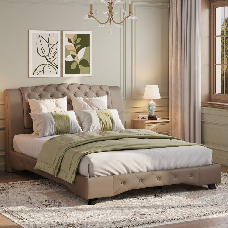 English Elm King Button Tufted PU Leather Platform Bed Tall Headboard Foam Fill No Box Spring Brown N761S0000038N