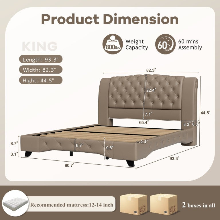 English Elm King Button Tufted PU Leather Platform Bed Tall Headboard Foam Fill No Box Spring Brown N761S0000038N