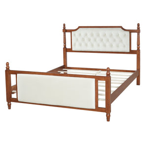 English Elm Queen Velvet Platform Bed Tufted Headboard Carved Wood Posts French Farmhouse Bedroom Brown N761S0000047D