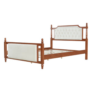 English Elm Queen Velvet Platform Bed Tufted Headboard Carved Wood Posts French Farmhouse Bedroom Brown N761S0000047D