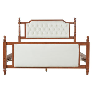 English Elm Queen Velvet Platform Bed Tufted Headboard Carved Wood Posts French Farmhouse Bedroom Brown N761S0000047D