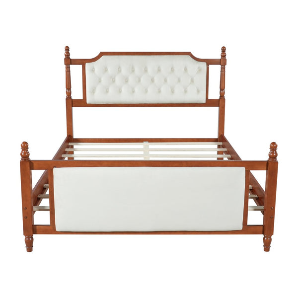 English Elm Queen Velvet Platform Bed Tufted Headboard Carved Wood Posts French Farmhouse Bedroom Brown N761S0000047D