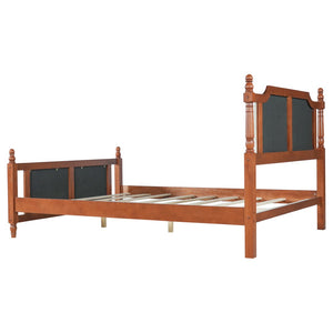 English Elm Queen Velvet Platform Bed Tufted Headboard Carved Wood Posts French Farmhouse Bedroom Brown N761S0000047D
