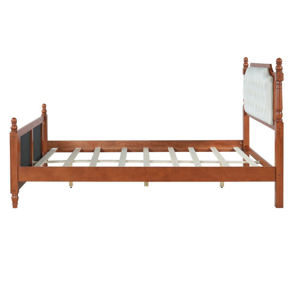 English Elm Queen Velvet Platform Bed Tufted Headboard Carved Wood Posts French Farmhouse Bedroom Brown N761S0000047D
